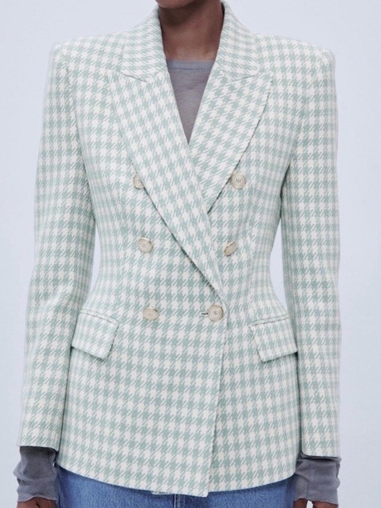 Zara Jackets & Blazers - Zara Houndstooth Plaid Double Breasted Blazer Sea Green Tailored Blazer Medium